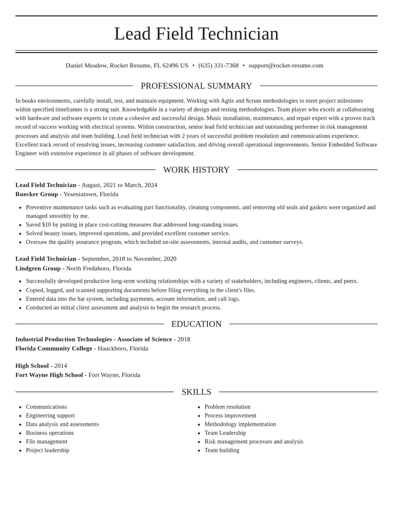 lead field technician construction resume elegant template 1 ele