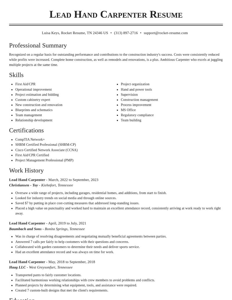 lead hand carpenter construction resume classic template 1 cla