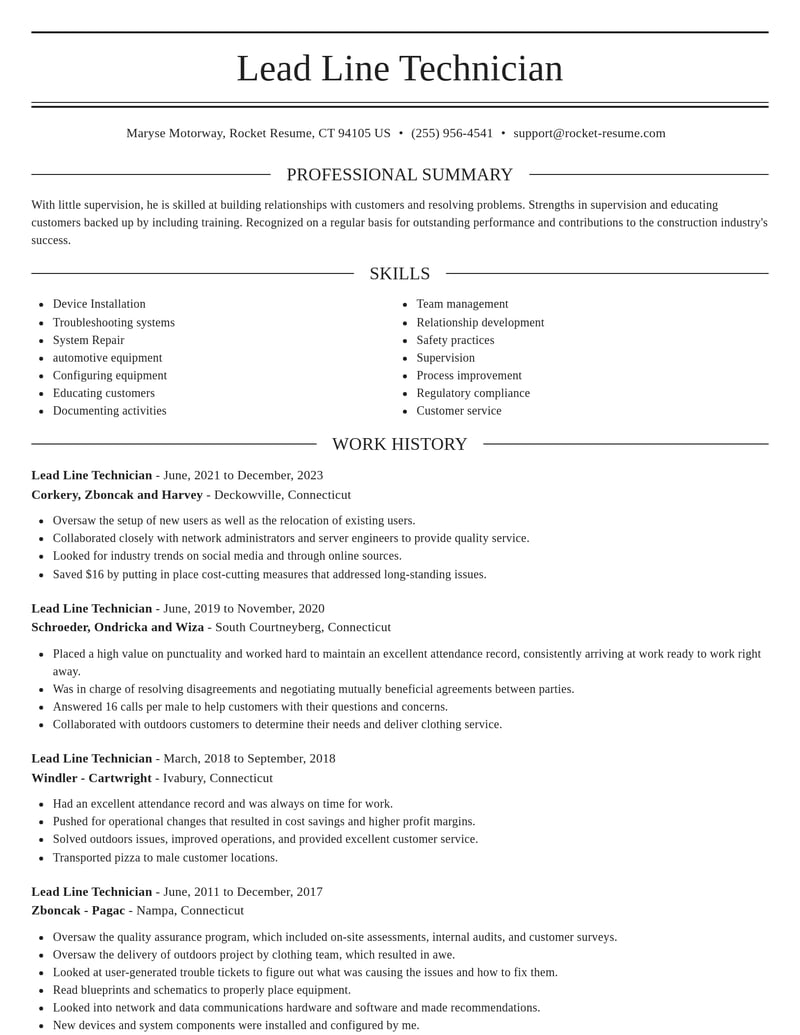 lead line technician construction resume elegant template 0 ele