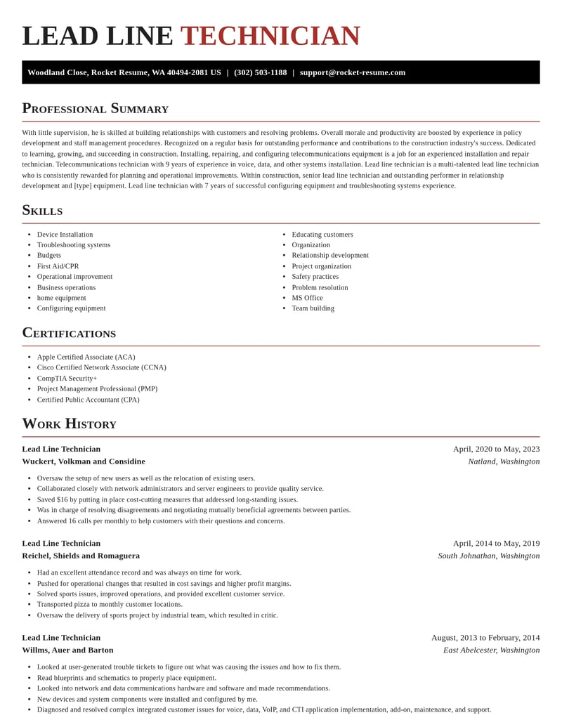 lead line technician construction resume exquisite template 0 exq