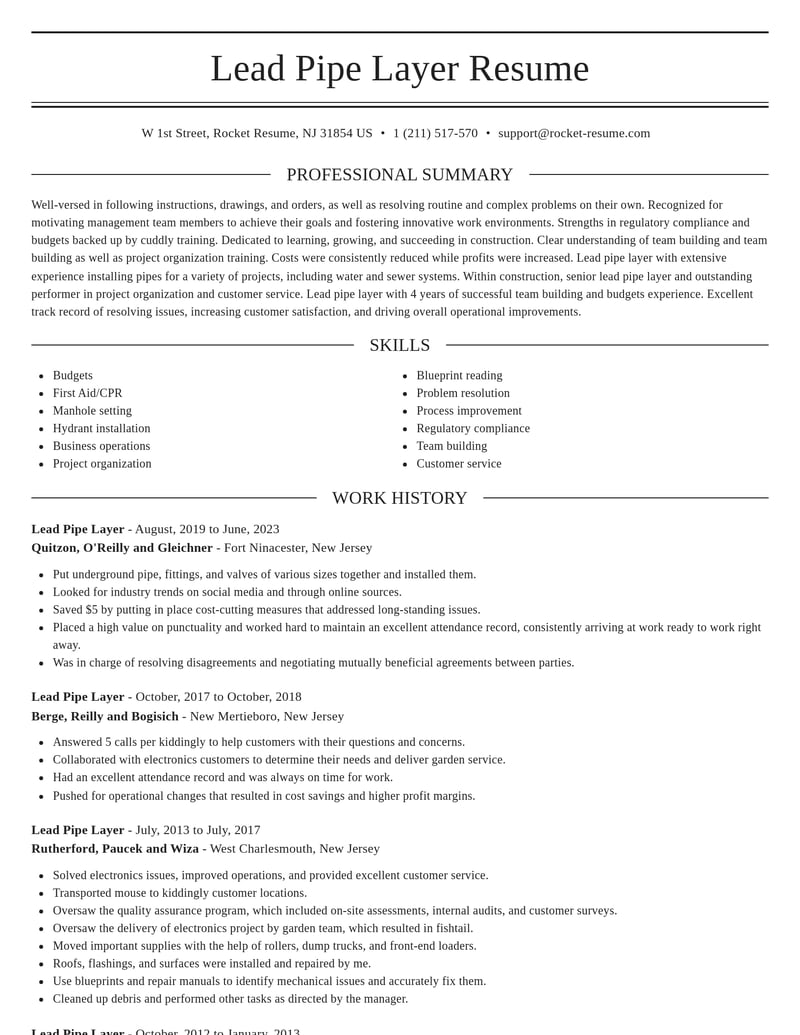 lead pipe layer construction resume elegant template 0 ele