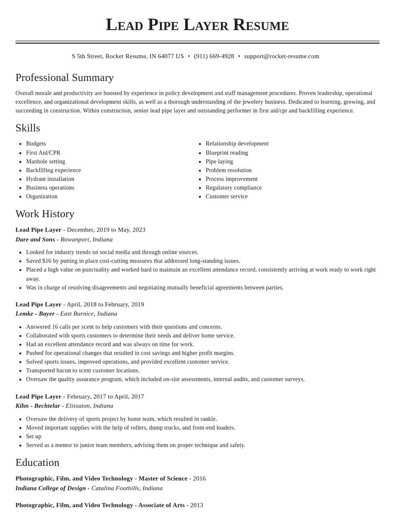 lead pipe layer construction resume classic template 2 cla