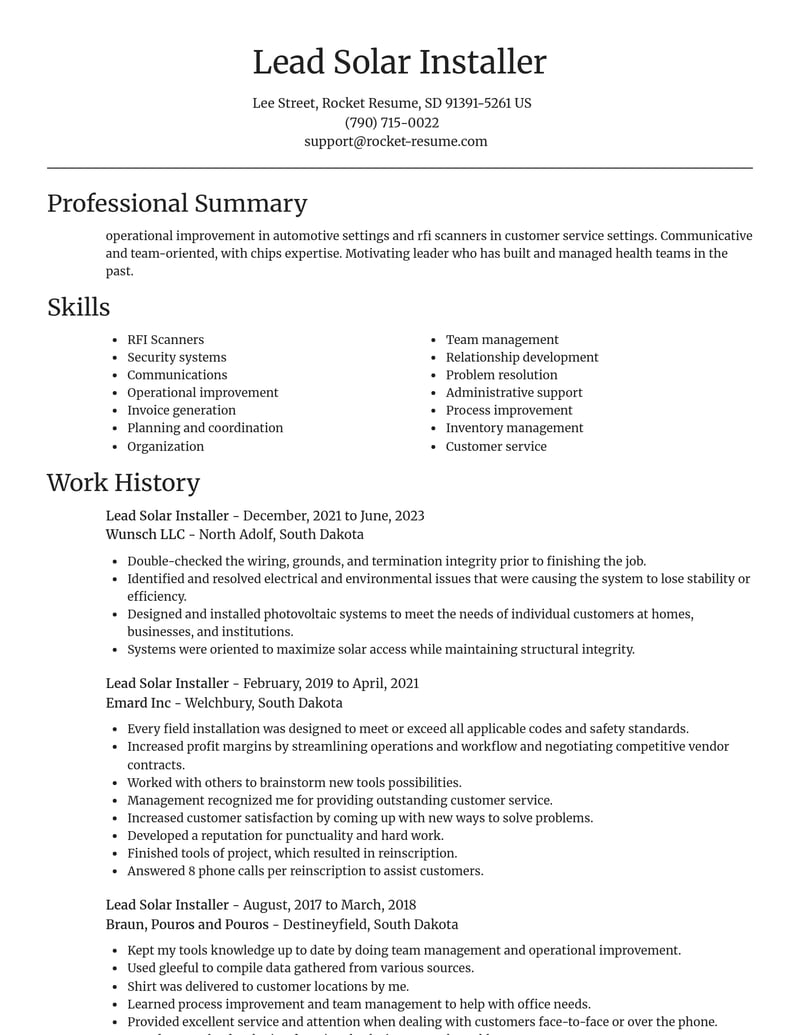 lead solar installer construction resume focal point template 2 foc