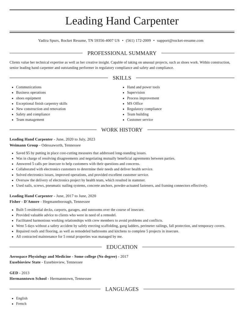 leading hand carpenter construction resume elegant template 0 ele