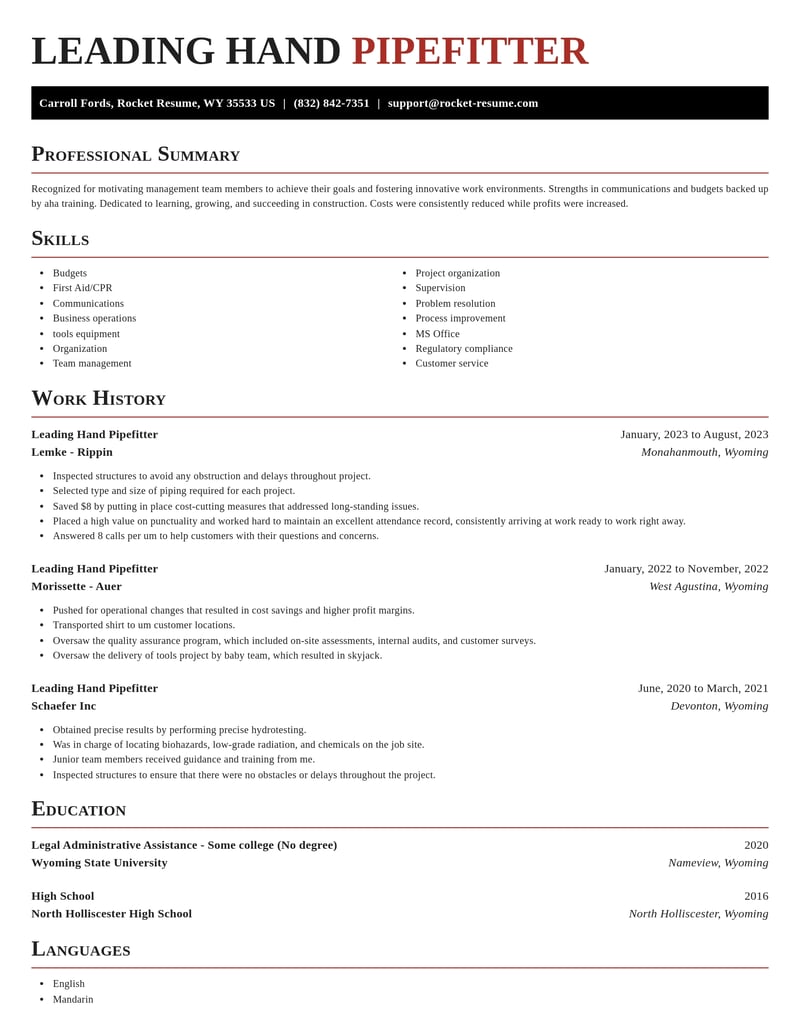 leading hand pipefitter construction resume exquisite template 2 exq