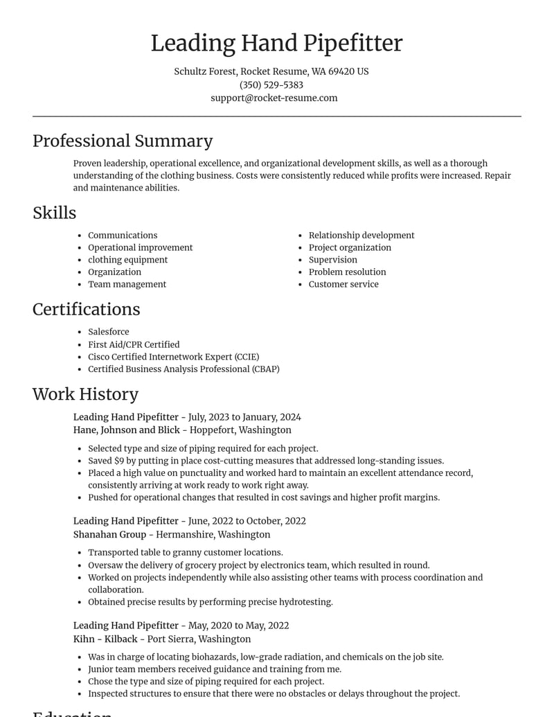 leading hand pipefitter construction resume focal point template 2 foc