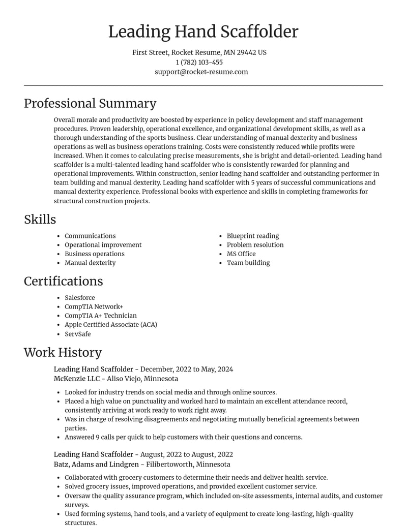leading hand scaffolder construction resume focal point template 2 foc