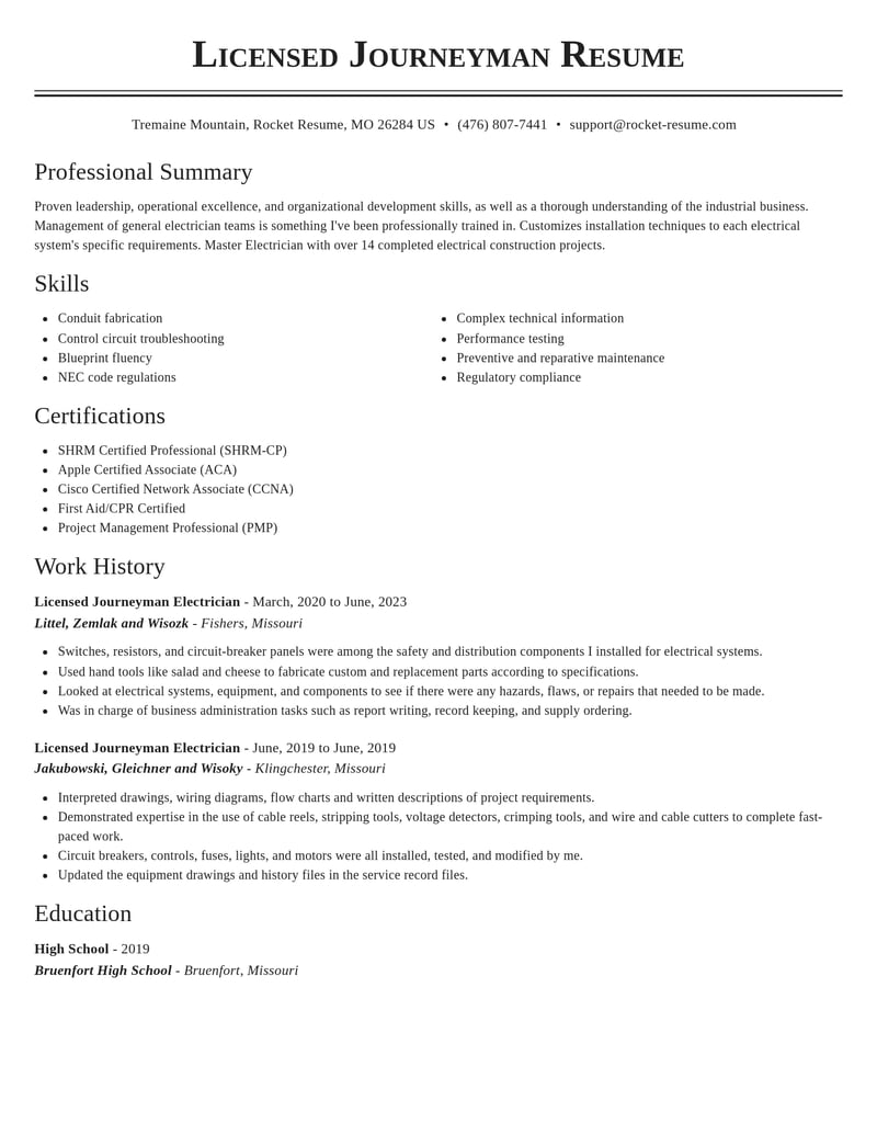 licensed journeyman electrician construction resume classic template 0 cla