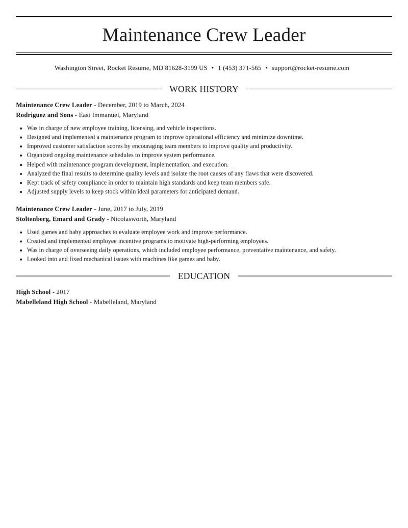maintenance crew leader construction resume elegant template 2 ele