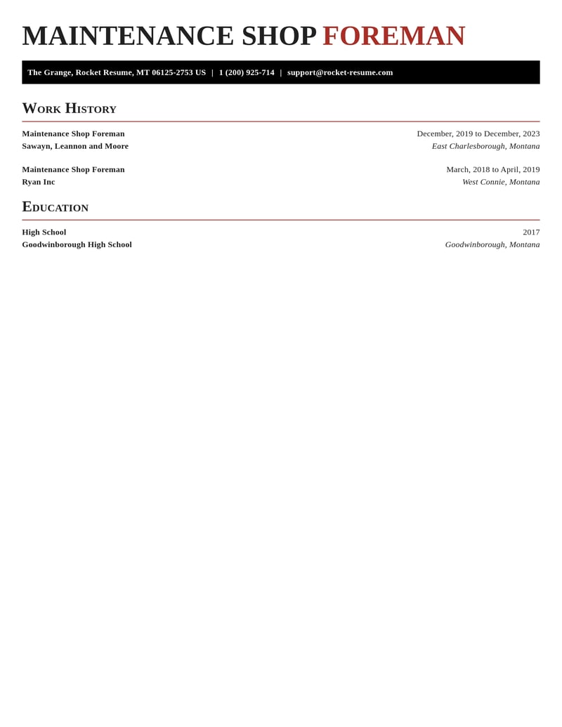 maintenance shop foreman construction resume exquisite template 0 exq