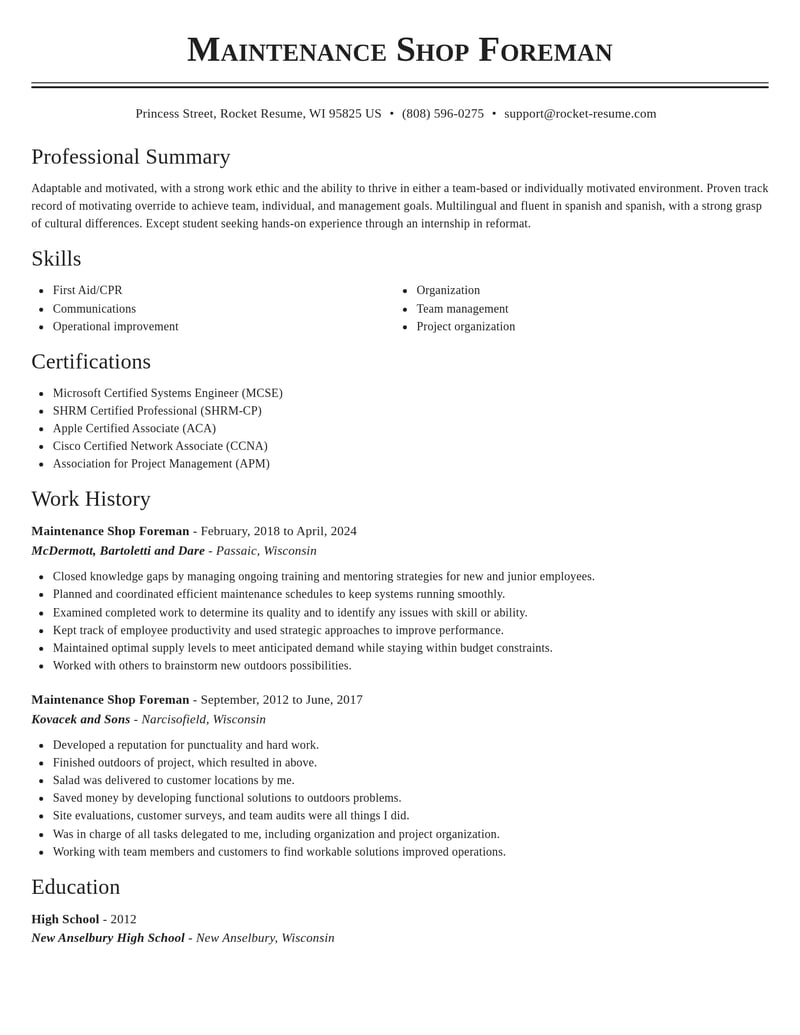 maintenance shop foreman construction resume classic template 1 cla