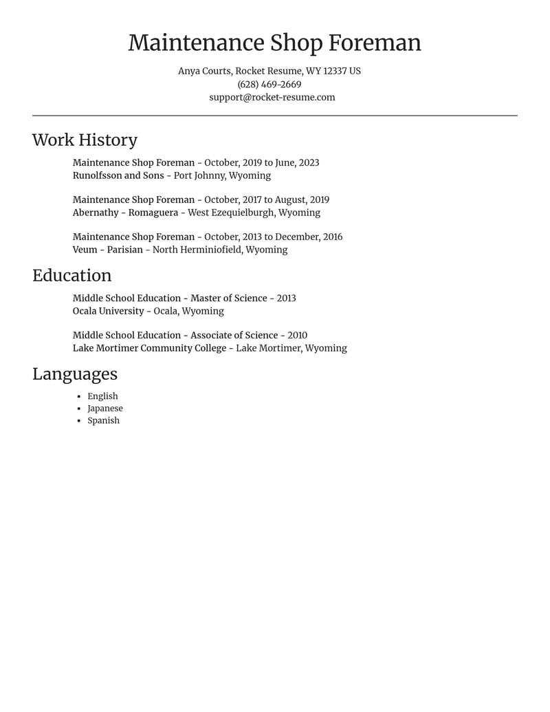 maintenance shop foreman construction resume focal point template 2 foc