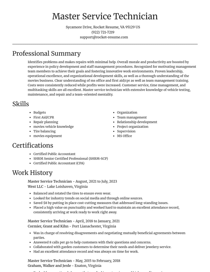 master service technician construction resume focal point template 0 foc