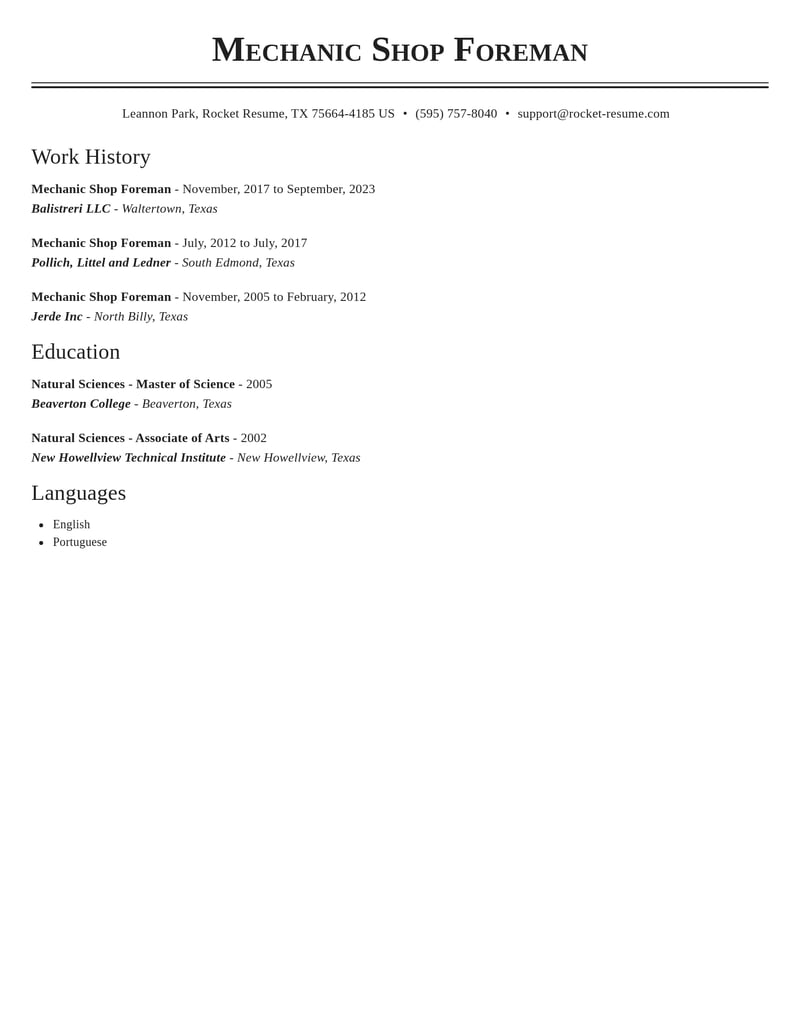 mechanic shop foreman construction resume classic template 2 cla