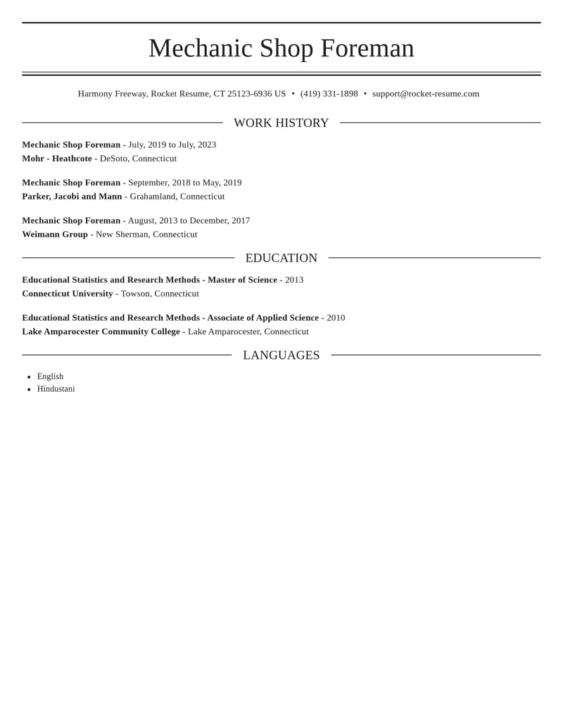 mechanic shop foreman construction resume elegant template 2 ele
