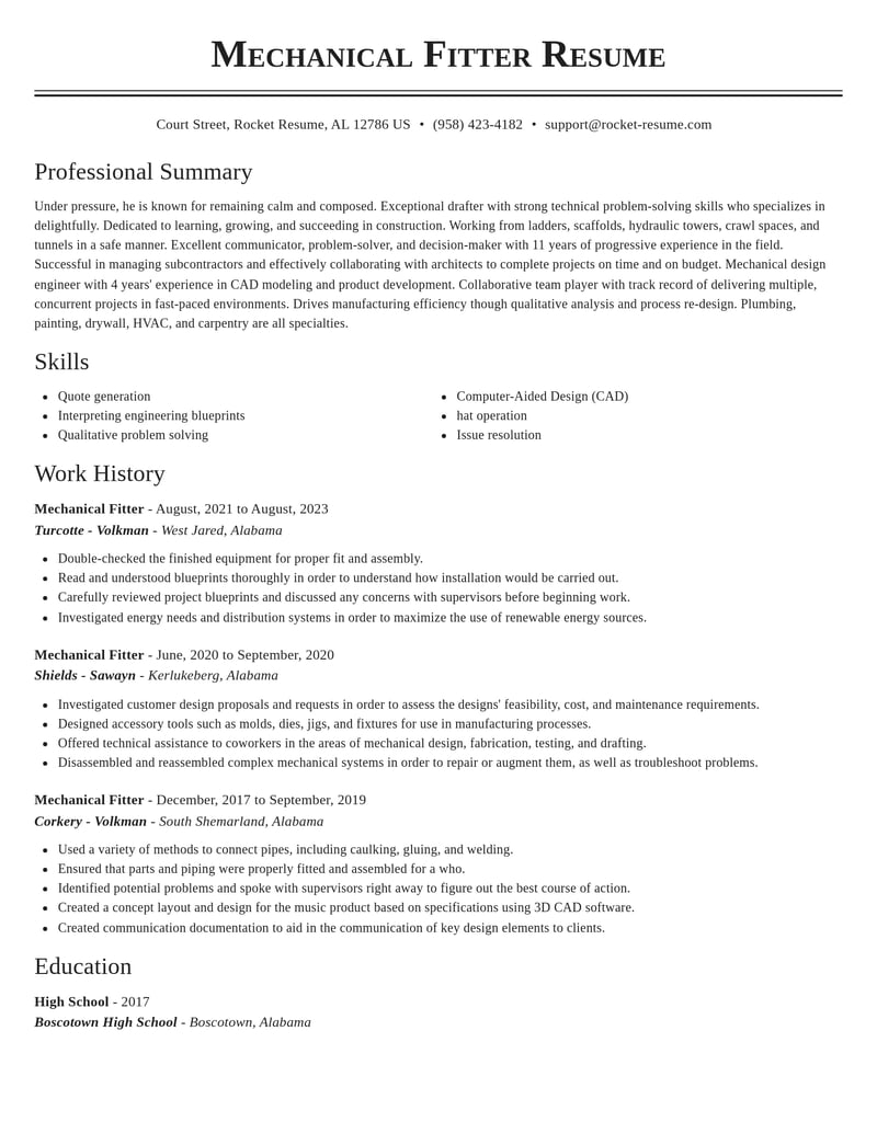 mechanical fitter construction resume classic template 2 cla