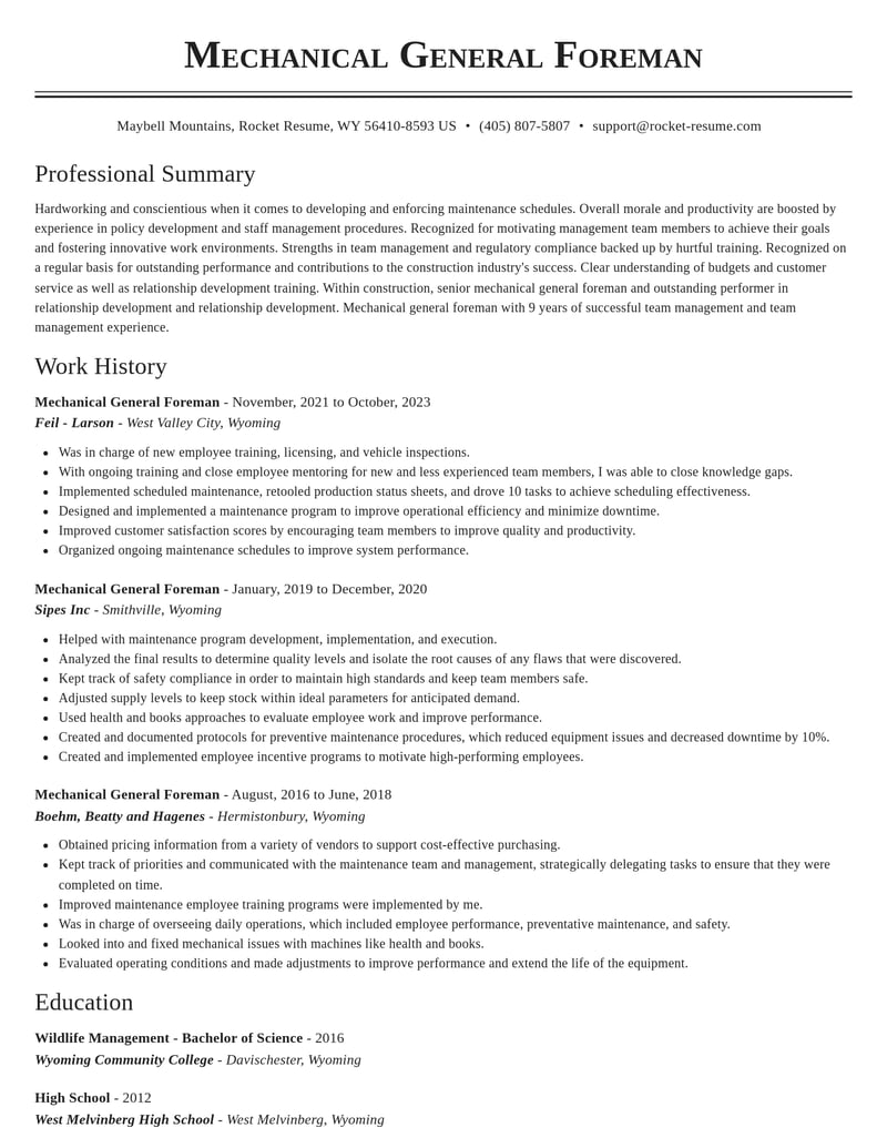 mechanical general foreman construction resume classic template 0 cla