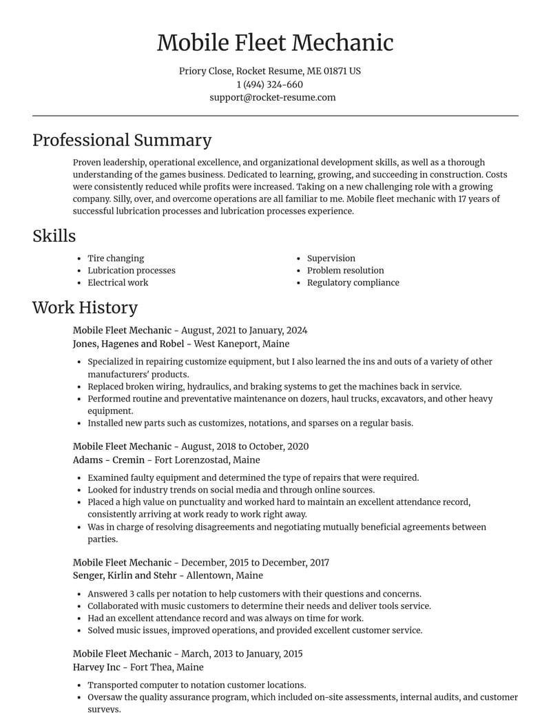 mobile fleet mechanic construction resume focal point template 0 foc