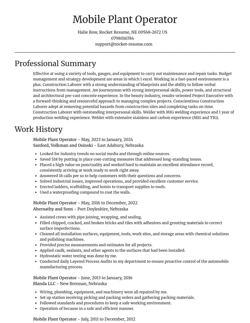 mobile plant operator construction resume focal point template 1 foc