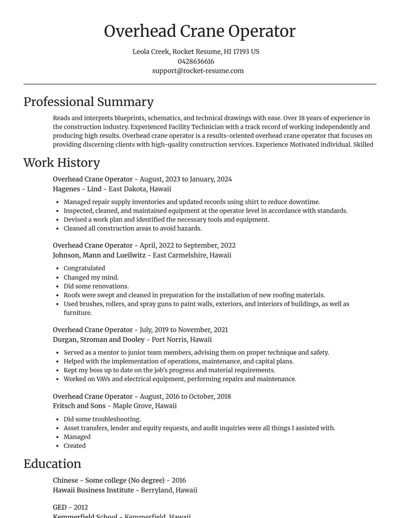 overhead crane operator construction resume focal point template 0 foc