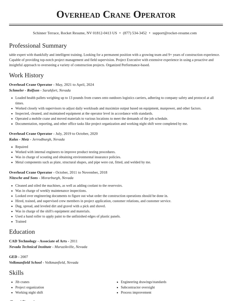 overhead crane operator construction resume classic template 1 cla