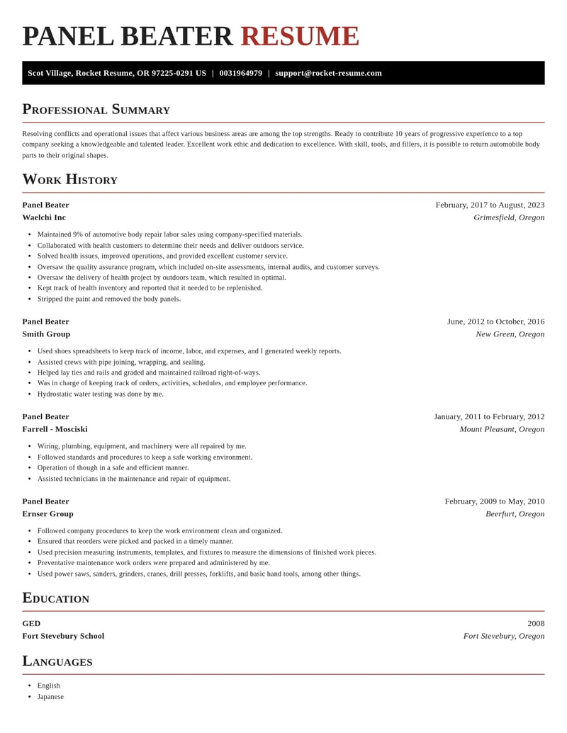 panel beater construction resume exquisite template 2 exq