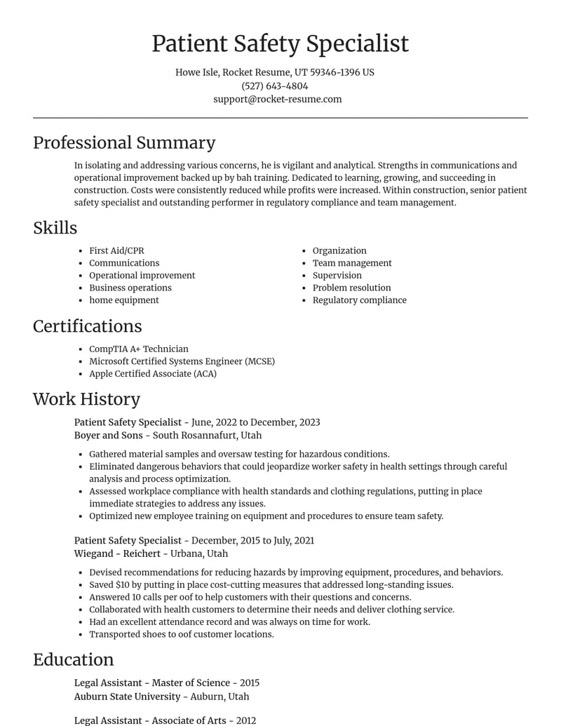 patient safety specialist construction resume focal point template 2 foc