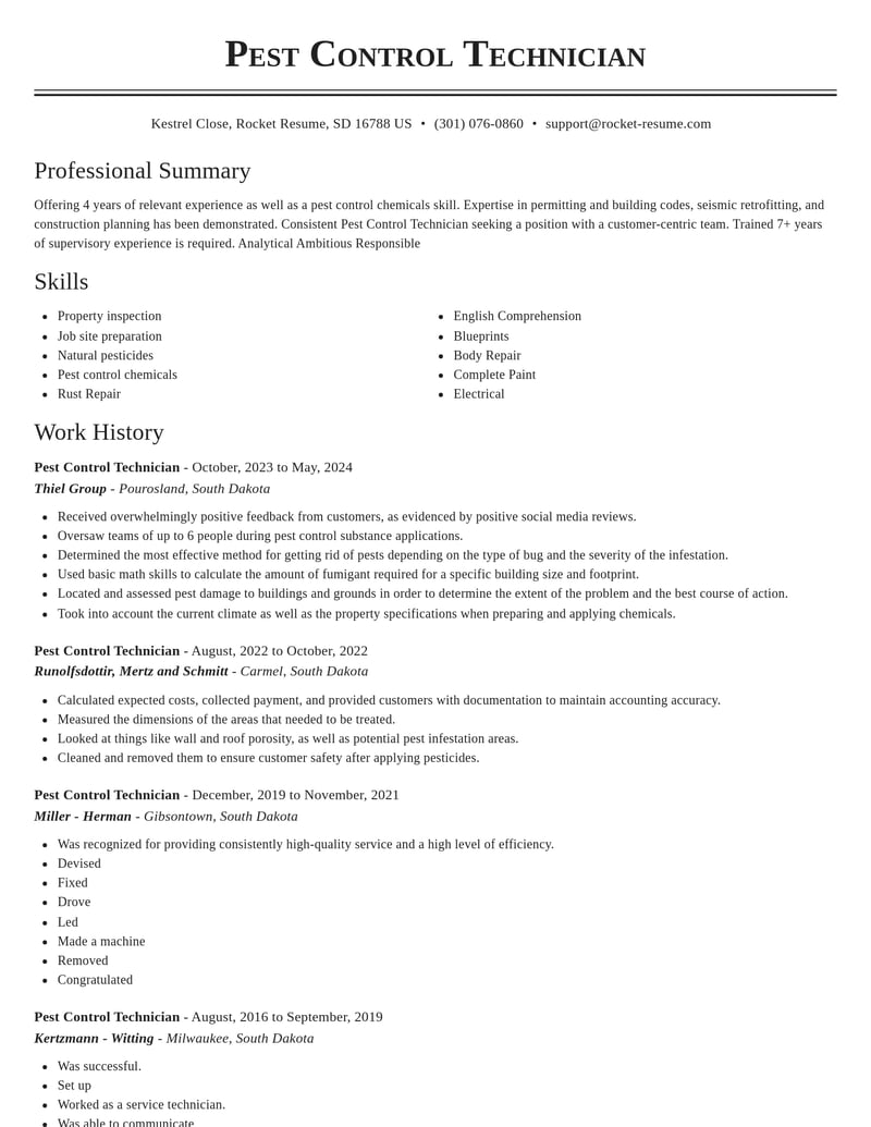 pest control technician construction resume classic template 1 cla