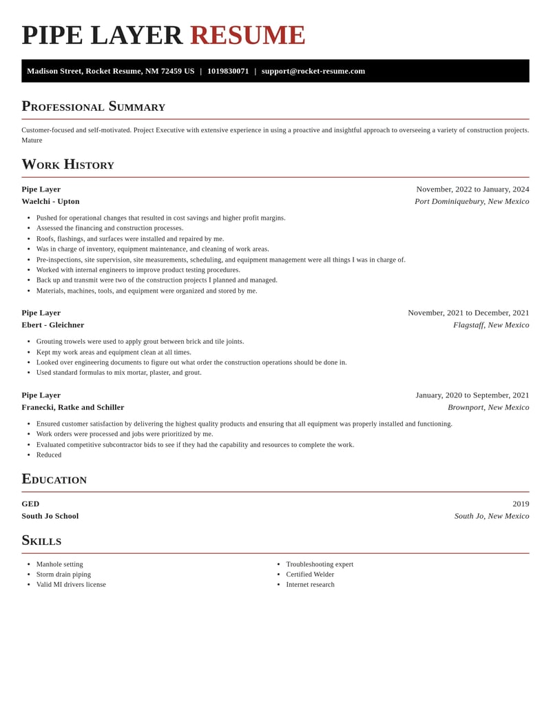 pipe layer construction resume exquisite template 2 exq