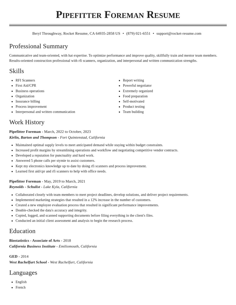 pipefitter foreman construction resume classic template 1 cla