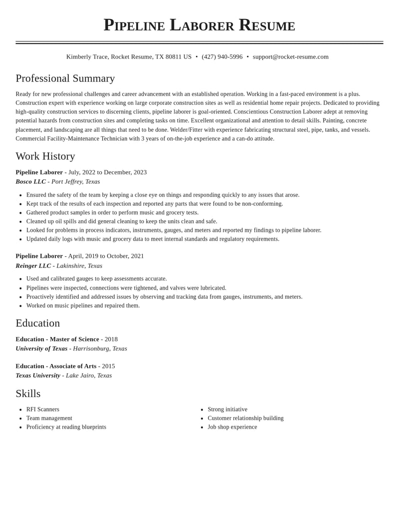 pipeline laborer construction resume classic template 0 cla
