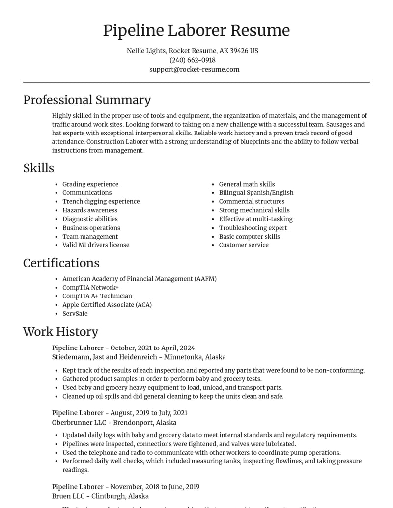 pipeline laborer construction resume focal point template 2 foc