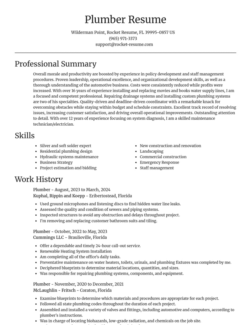 plumber construction resume focal point template 0 foc