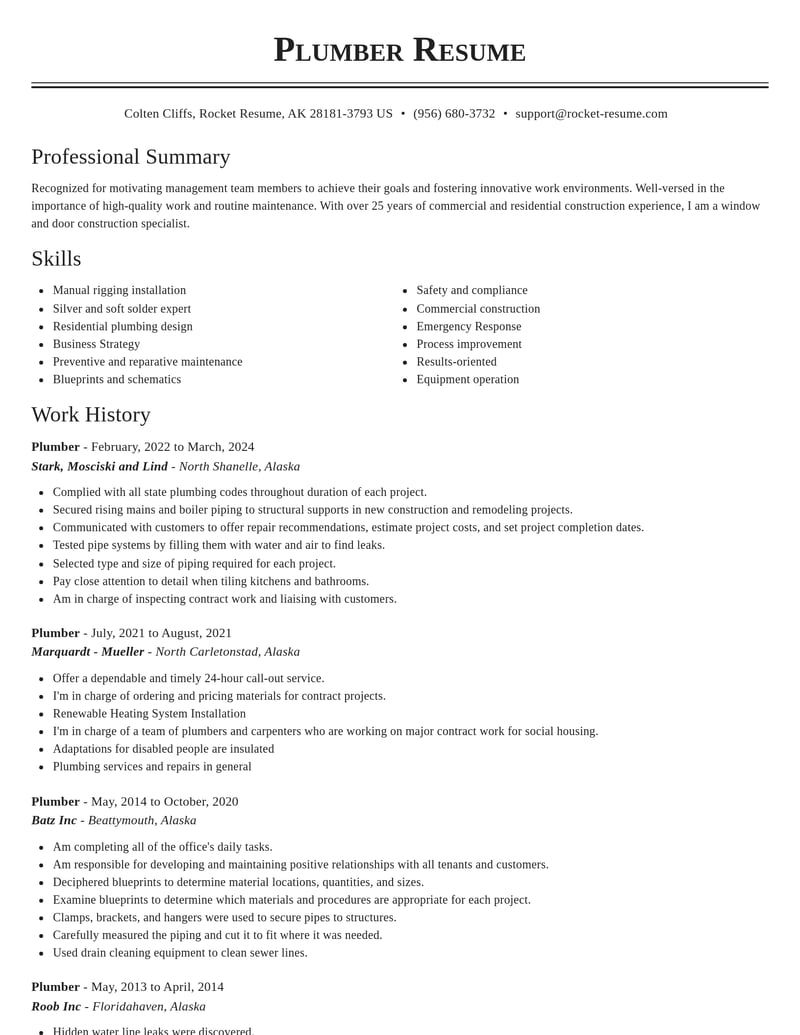 plumber construction resume classic template 2 cla