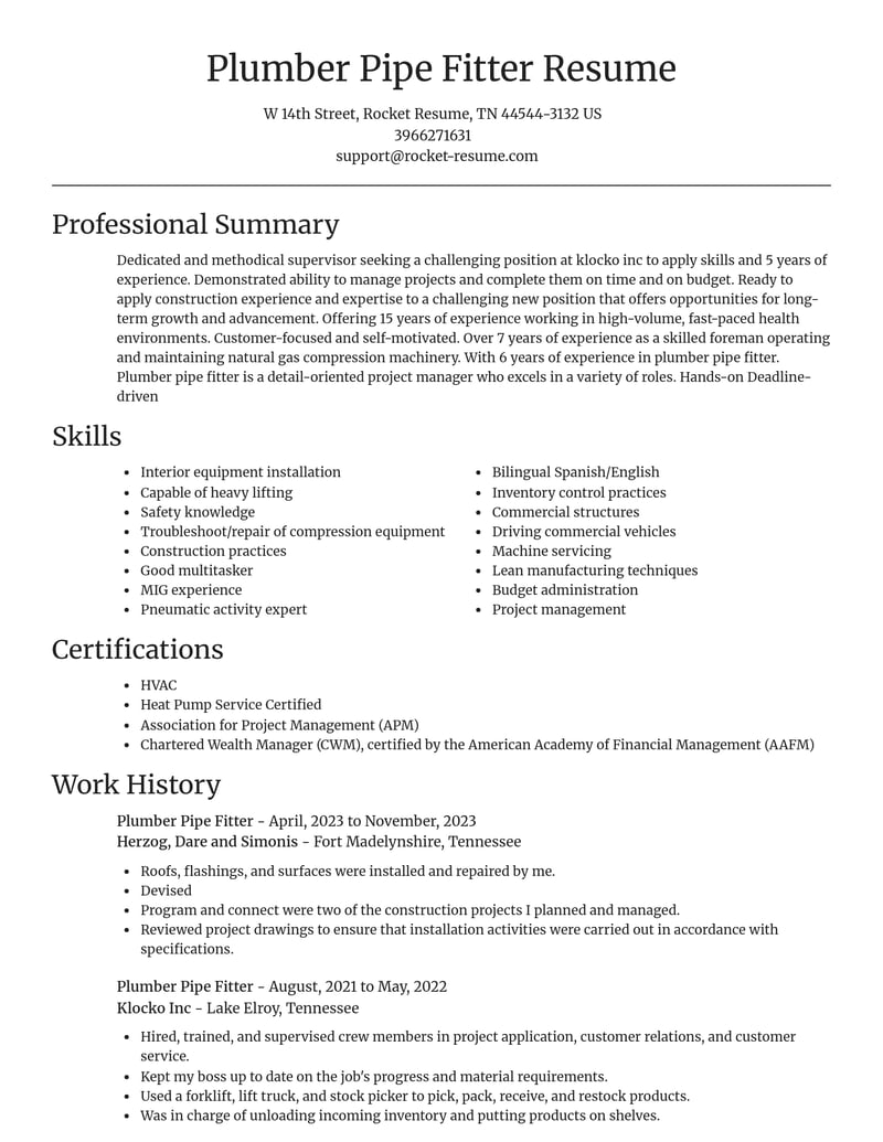 plumber pipe fitter construction resume focal point template 2 foc