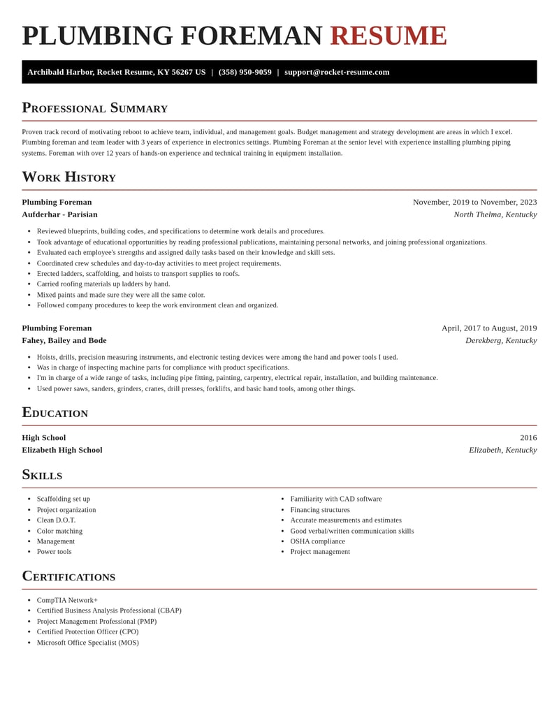 plumbing foreman construction resume exquisite template 0 exq