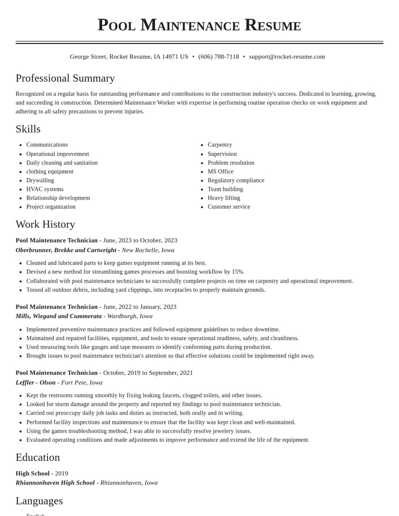 pool maintenance technician construction resume classic template 0 cla