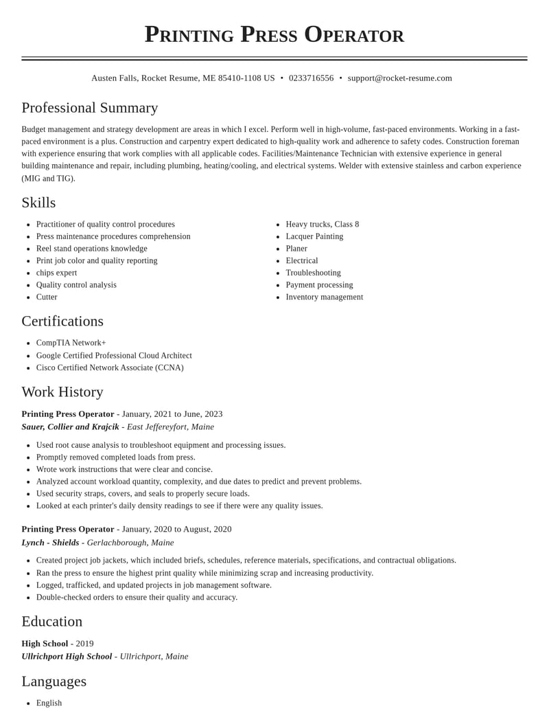 printing press operator construction resume classic template 2 cla