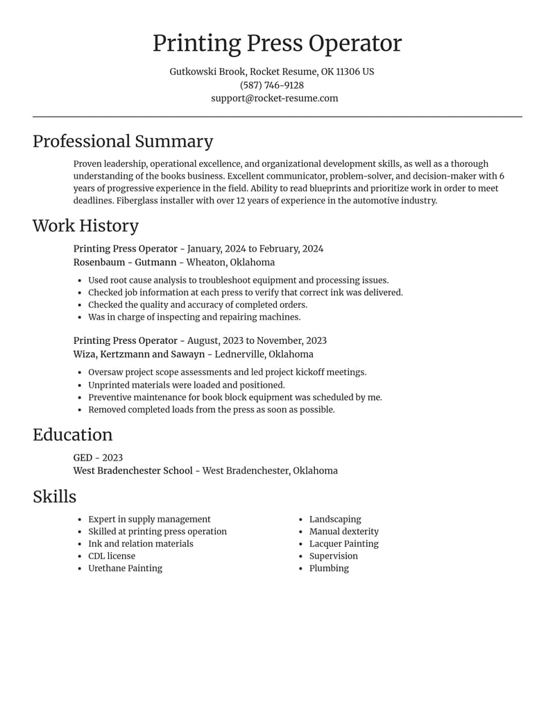 printing press operator construction resume focal point template 2 foc