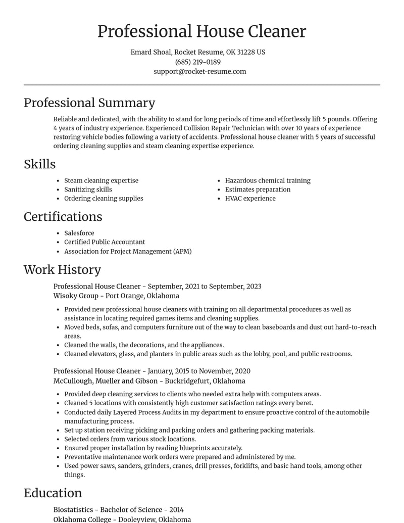 professional house cleaner construction resume focal point template 1 foc
