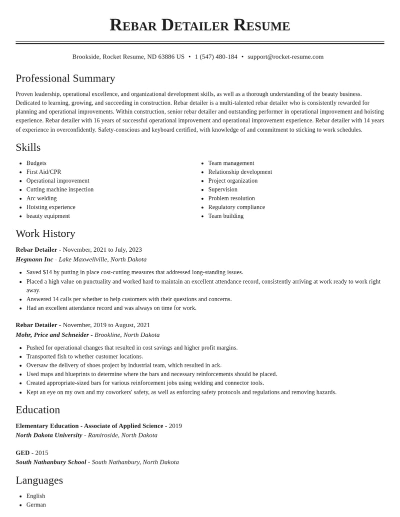 rebar detailer construction resume classic template 1 cla