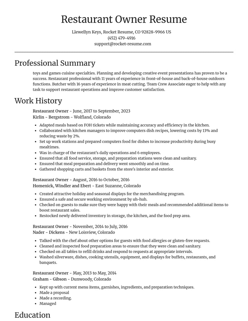 restaurant owner construction resume focal point template 0 foc