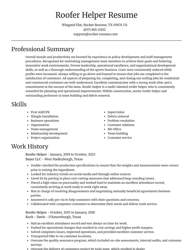 roofer helper construction resume focal point template 2 foc