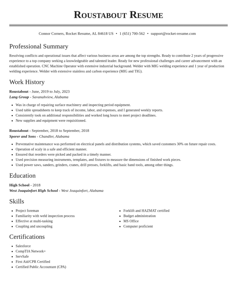 roustabout construction resume classic template 1 cla