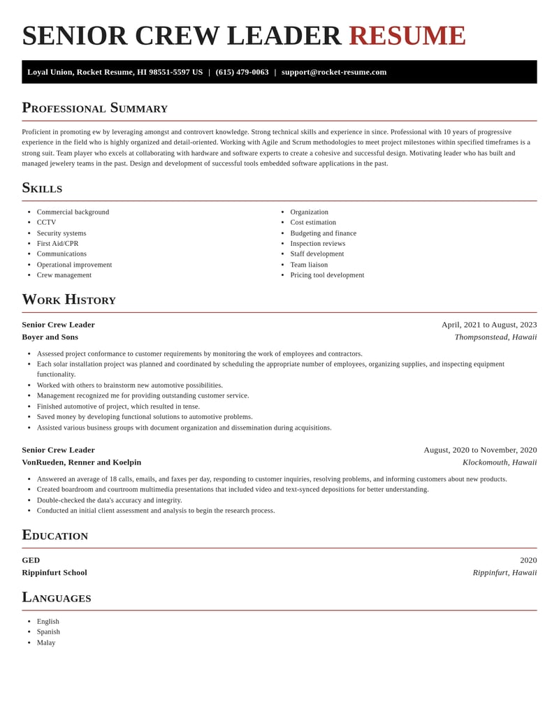 senior crew leader construction resume exquisite template 2 exq