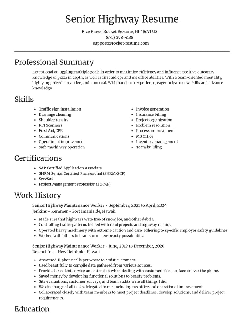 senior highway maintenance worker construction resume focal point template 2 foc