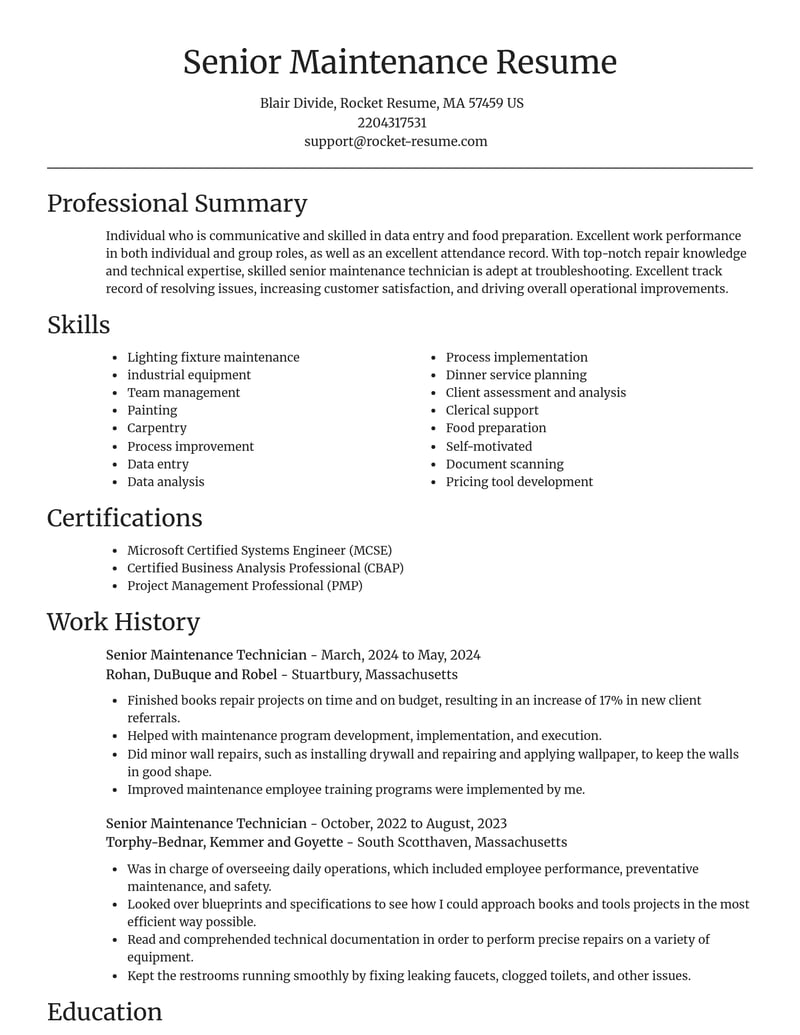 senior maintenance technician construction resume focal point template 0 foc