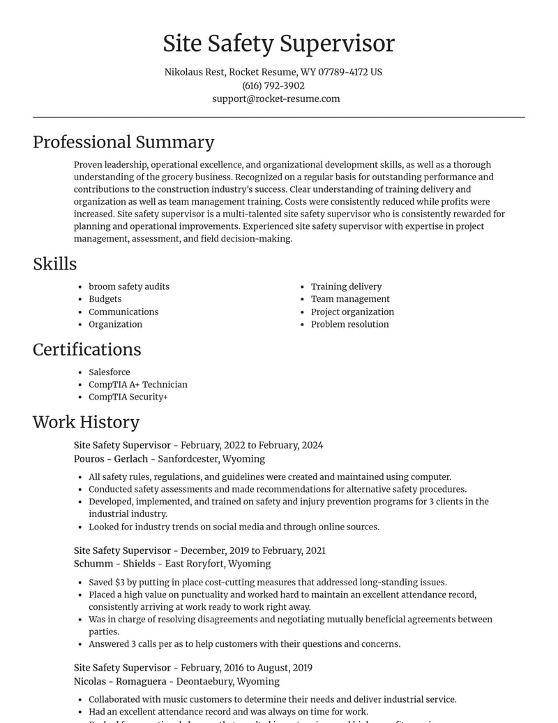 site safety supervisor construction resume focal point template 0 foc