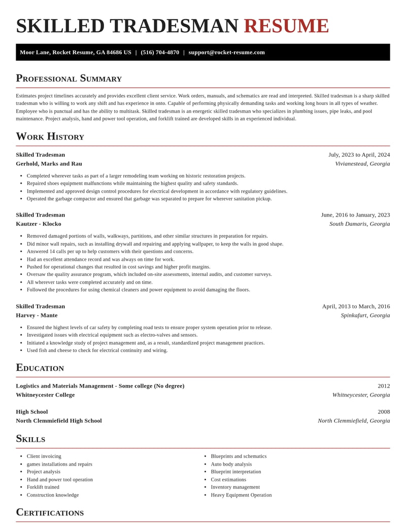 skilled tradesman construction resume exquisite template 0 exq