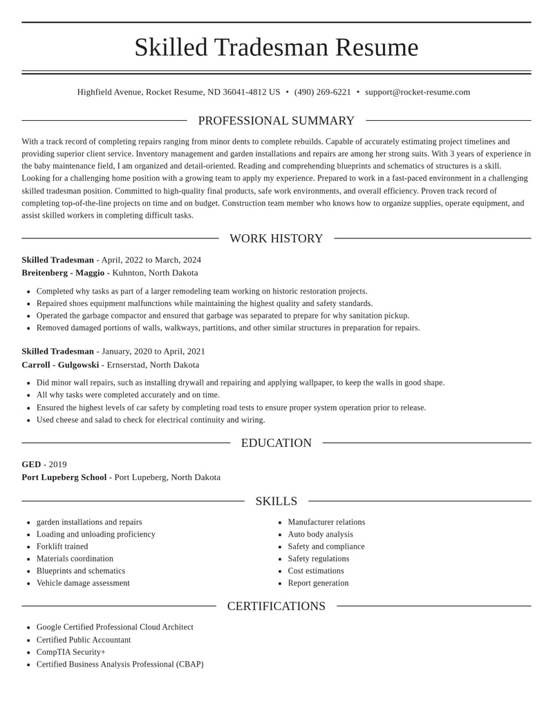 skilled tradesman construction resume elegant template 2 ele